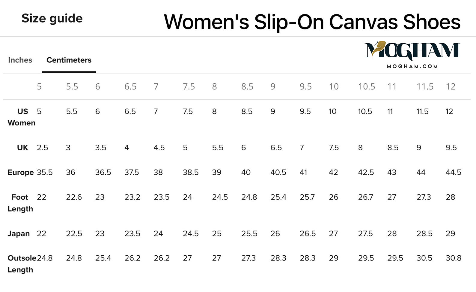 Women Canvas Shoes Chart